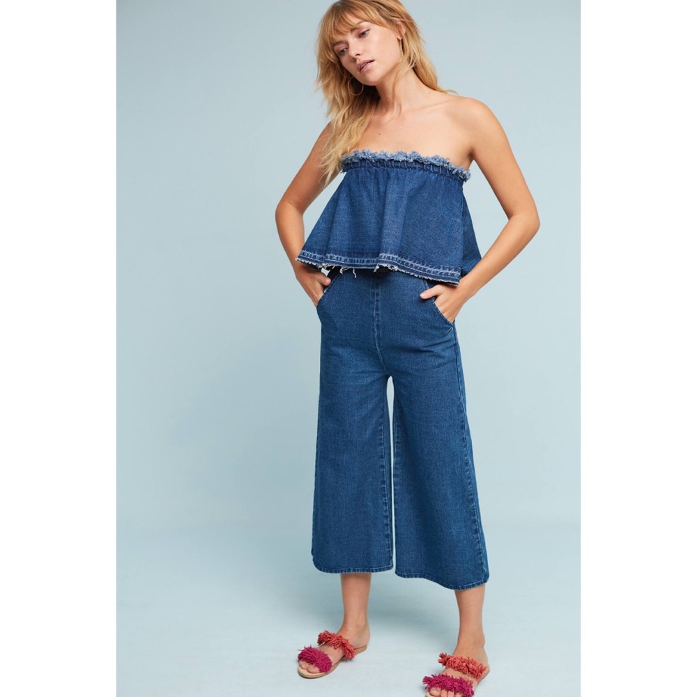 JOA Denim Jeans Off Shoulder Jumpsuit Crop Romper